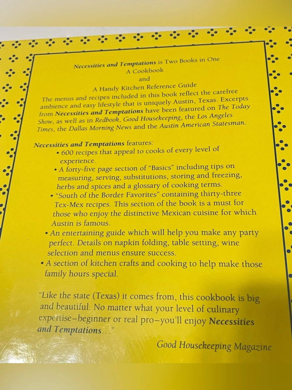 Necessities & Temptations Cookbook Austin TX Junior League 2004 HC Tabasco Award